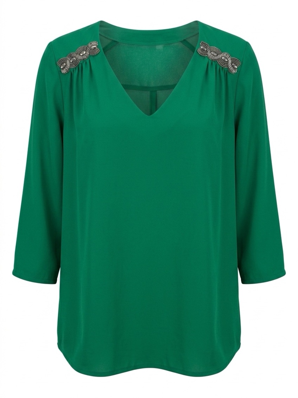 Plus V-Neck Embellished Shoulder Green Blouse